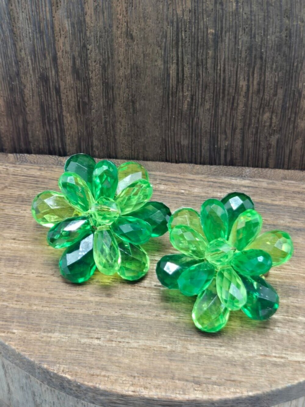 50's Western Germany Green Earrings Clip-On Faceted Beads Gold Tone Stud MCM VTG